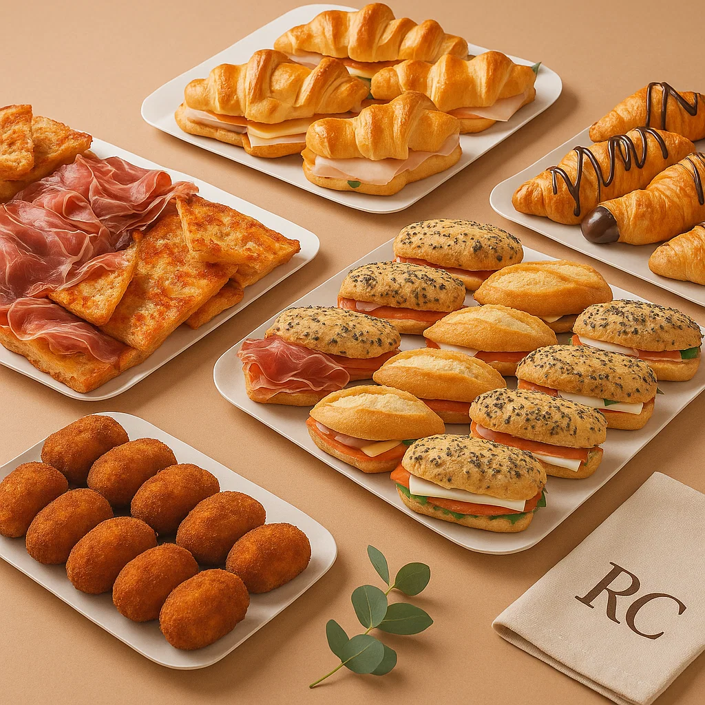 Pack Merienda 6 personas — 56 piezas (pan de cristal ibérico, croquetas, mini brioches/bocadillos y rosendos)
