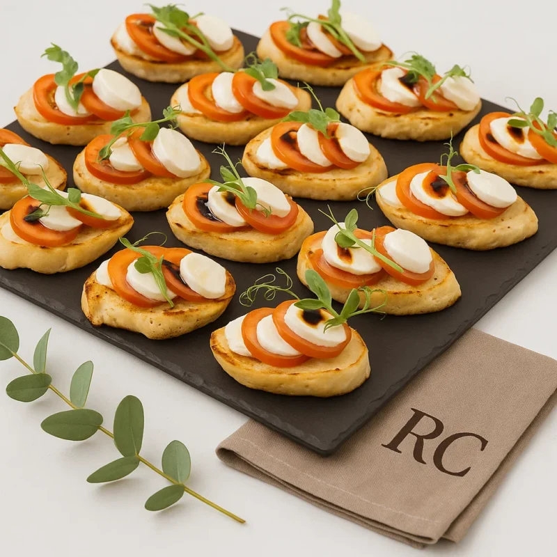 Bruschetta de Mini Mozzarella, Tomates Cherry y Pesto (15 uds)